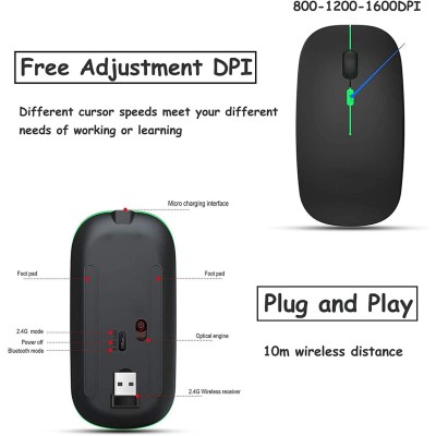 Mouse GeekerChip Bluetooth Ricaricabile Wireless Nero Senza Fili a Due Modalità (Bluetooth 5.1+2.4G)