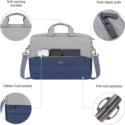 Borsa a tracolla anti-borseggio Rivacase Prater grigia e blu per portatili da 15.6 pollici.