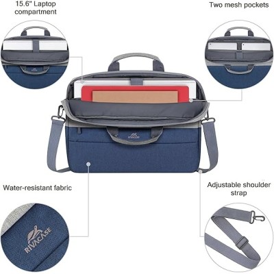 Borsa a tracolla anti-borseggio Rivacase Prater grigia e blu per portatili da 15.6 pollici.