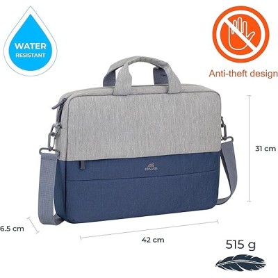 Borsa a tracolla anti-borseggio Rivacase Prater grigia e blu per portatili da 15.6 pollici.