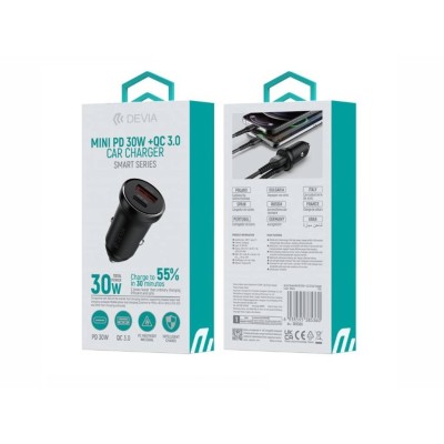 Carica da Auto Super Rapido Slim PD+QC3 30W. 2 Out A+C Nero