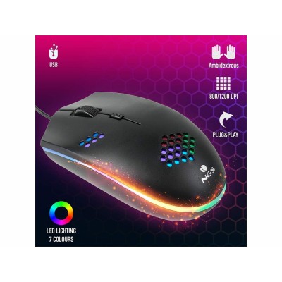 Mouse da gaming economico NGS GMX-120 con cavo USB e illuminazione LED multicolore.