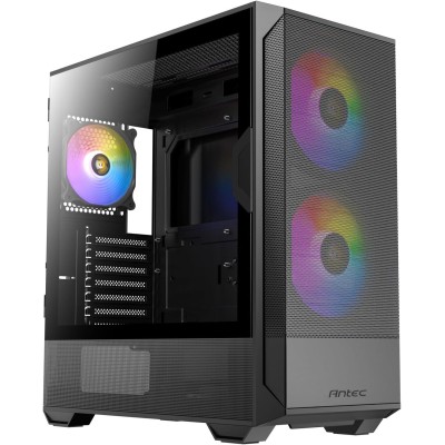 Case mid-tower Antec NX416L ARGB di colore nero, con tre ventole ARGB frontali e pannello laterale in vetro temperato.