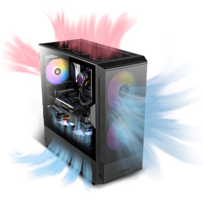 Case mid-tower Antec NX416L ARGB di colore nero, con tre ventole ARGB frontali e pannello laterale in vetro temperato.