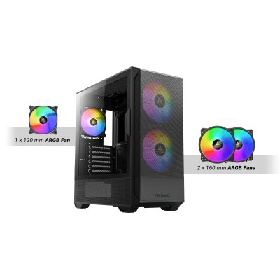 Case mid-tower Antec NX416L ARGB di colore nero, con tre ventole ARGB frontali e pannello laterale in vetro temperato.