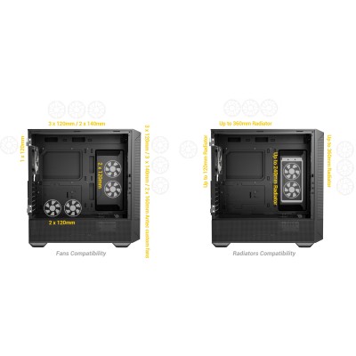 Case mid-tower Antec NX416L ARGB di colore nero, con tre ventole ARGB frontali e pannello laterale in vetro temperato.
