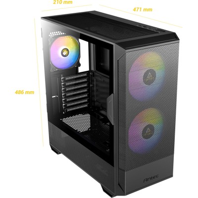 Case mid-tower Antec NX416L ARGB di colore nero, con tre ventole ARGB frontali e pannello laterale in vetro temperato.