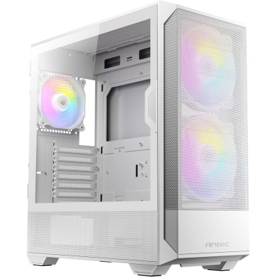 Case mid-tower Antec NX416L ARGB White di colore bianco, con ventole ARGB e pannello laterale in vetro temperato.
