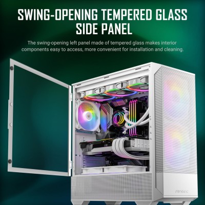 Case mid-tower Antec NX416L ARGB White di colore bianco, con ventole ARGB e pannello laterale in vetro temperato.