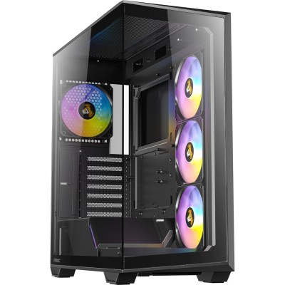 Case mid tower Antec C3 ARGB nero con design panoramico a doppia camera, pannelli in vetro e ventole ARGB preinstallate.
