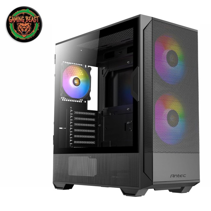 Case mid-tower Antec NX416L ARGB di colore nero, con tre ventole ARGB frontali e pannello laterale in vetro temperato.