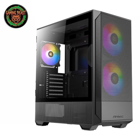 Case mid-tower Antec NX416L ARGB di colore nero, con tre ventole ARGB frontali e pannello laterale in vetro temperato.