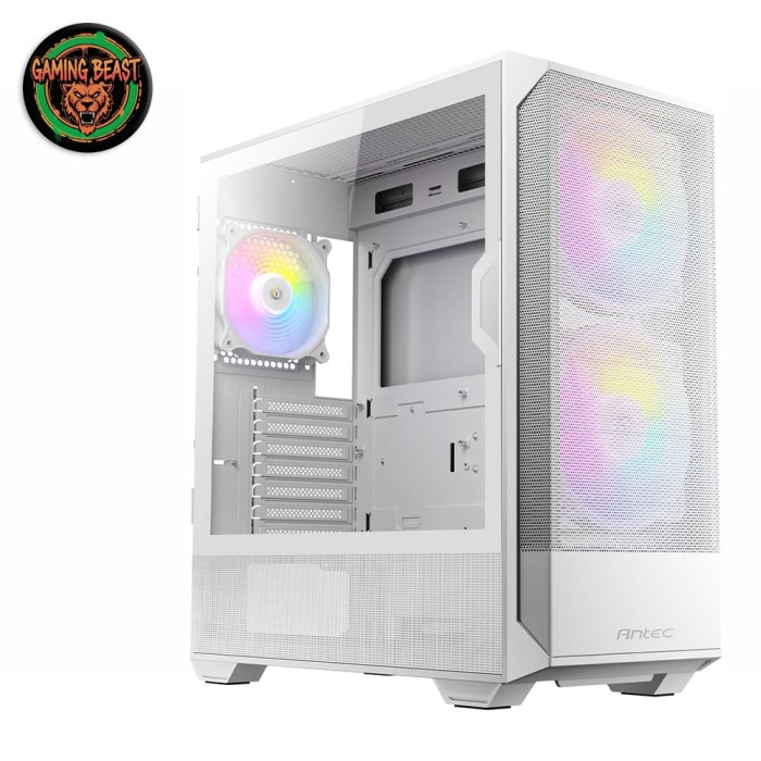 Case mid-tower Antec NX416L ARGB White di colore bianco, con ventole ARGB e pannello laterale in vetro temperato.