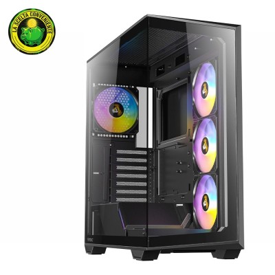 Case mid tower Antec C3 ARGB nero con design panoramico a doppia camera, pannelli in vetro e ventole ARGB preinstallate.