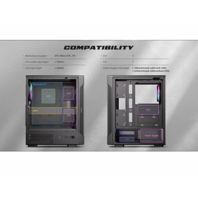 Case PC Midi Tower Antec VX-320 ARGB con 4 ventole illuminate e pannello in vetro temperato.