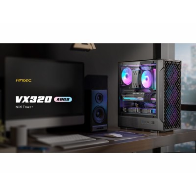 Case PC Midi Tower Antec VX-320 ARGB con 4 ventole illuminate e pannello in vetro temperato.