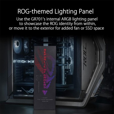 Case PC Full Tower Asus ROG Hyperion GR701 con struttura a X in alluminio e pannelli in vetro temperato.