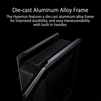 Case PC Full Tower Asus ROG Hyperion GR701 con struttura a X in alluminio e pannelli in vetro temperato.