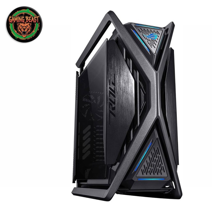 Case PC Full Tower Asus ROG Hyperion GR701 con struttura a X in alluminio e pannelli in vetro temperato.