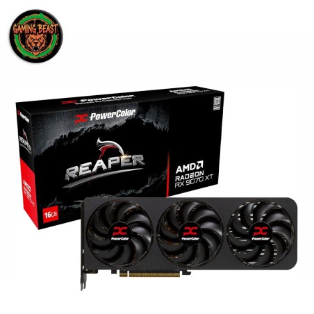 Scheda video da gaming PowerColor Reaper Radeon RX 9070 XT da 16GB a tre ventole.