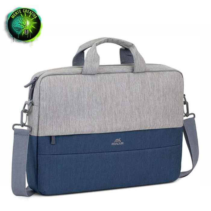 Borsa a tracolla anti-borseggio Rivacase Prater grigia e blu per portatili da 15.6 pollici.