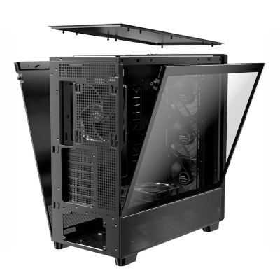 Case per PC Mid Tower Antec Flux Wood con pannello frontale con inserti in legno e pannello laterale in vetro temperato.