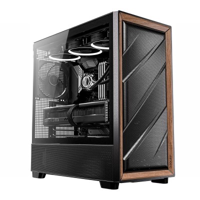 Case per PC Mid Tower Antec Flux Wood con pannello frontale con inserti in legno e pannello laterale in vetro temperato.