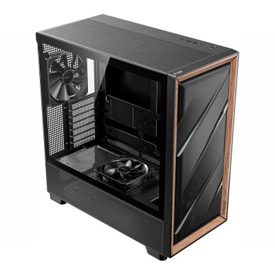 Case per PC Mid Tower Antec Flux Wood con pannello frontale con inserti in legno e pannello laterale in vetro temperato.