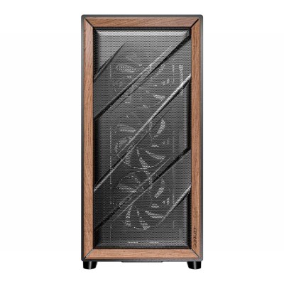 Case per PC Mid Tower Antec Flux Wood con pannello frontale con inserti in legno e pannello laterale in vetro temperato.