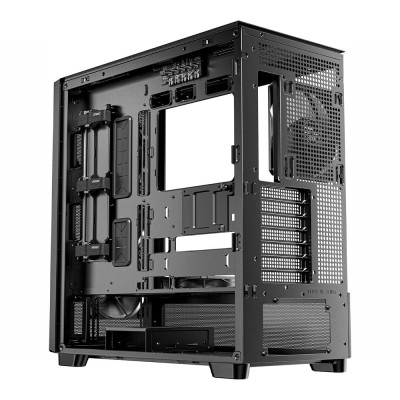 Case per PC Mid Tower Antec Flux Wood con pannello frontale con inserti in legno e pannello laterale in vetro temperato.