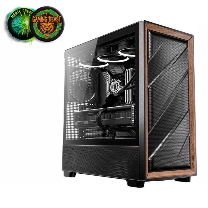 Case per PC Mid Tower Antec Flux Wood con pannello frontale con inserti in legno e pannello laterale in vetro temperato.