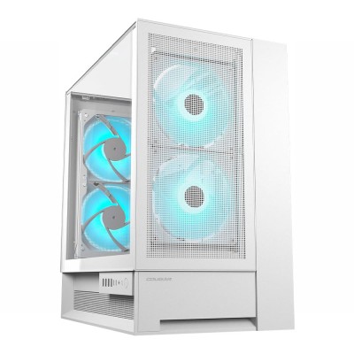 Case per PC Mid Tower COUGAR OmnyX di colore bianco con pannello in vetro temperato e ventole ARGB da 160mm.