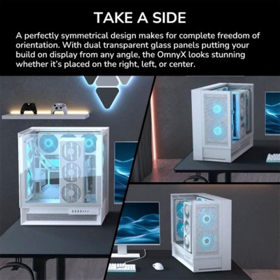 Case per PC Mid Tower COUGAR OmnyX di colore bianco con pannello in vetro temperato e ventole ARGB da 160mm.