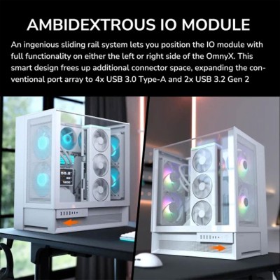 Case per PC Mid Tower COUGAR OmnyX di colore bianco con pannello in vetro temperato e ventole ARGB da 160mm.
