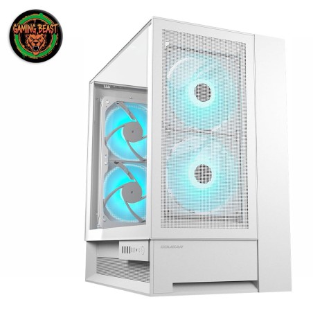 Case per PC Mid Tower COUGAR OmnyX di colore bianco con pannello in vetro temperato e ventole ARGB da 160mm.