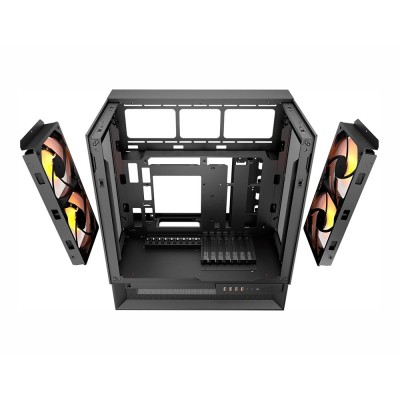 Case per PC Mid Tower COUGAR OmnyX di colore nero con pannello in vetro temperato e ventole ARGB da 160mm.