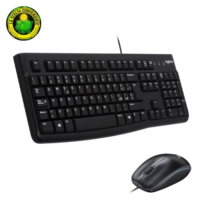 Kit cablato Logitech MK120 con tastiera full-size e mouse ottico neri.