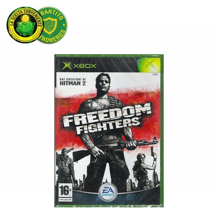 Copertina del gioco Freedom Fighters per Xbox (Prima Generazione), nuovo ma con blister danneggiato.