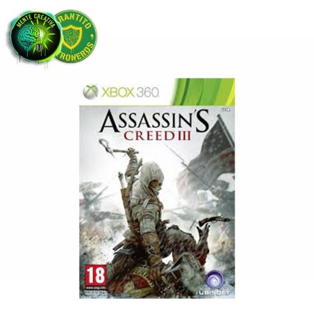 Copertina completa del gioco Assassin's Creed III per Microsoft Xbox 360, con custodia danneggiata.