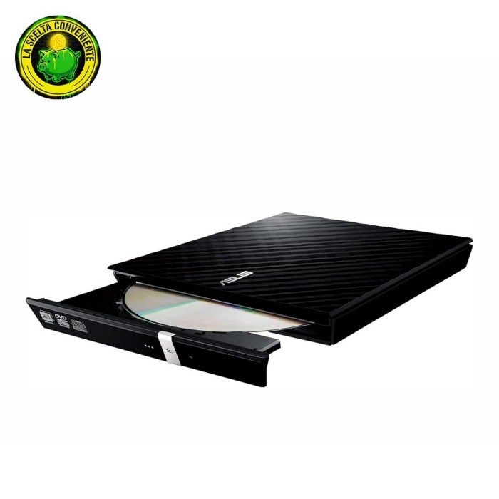 Masterizzatore esterno Asus SDRW-08D2S-U nero con design a diamante e stand.
