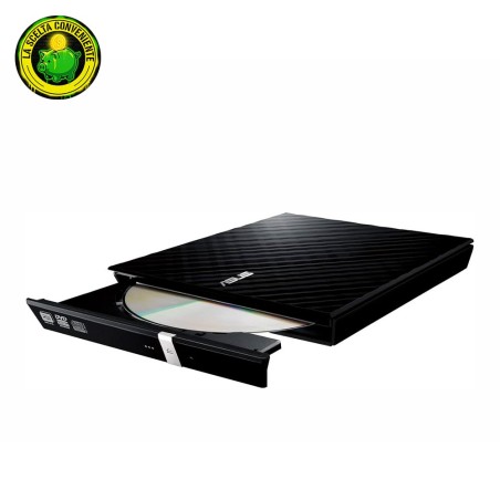 Masterizzatore esterno Asus SDRW-08D2S-U nero con design a diamante e stand.
