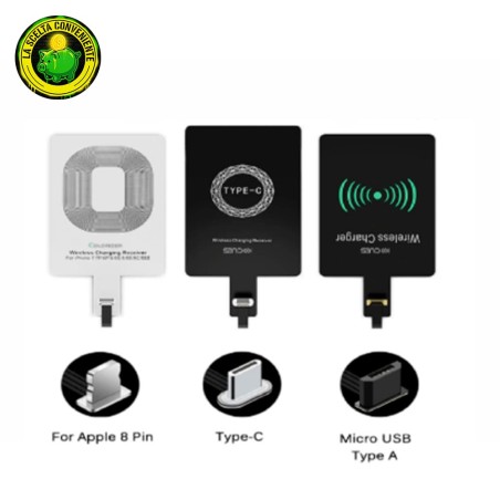 Adattatore ricevitore Qi wireless sottile per smartphone, versioni Lightning, MicroUSB, Type-C