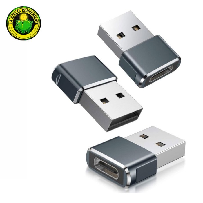 Adattatore compatto da USB-A maschio a USB-C femmina in lega di alluminio.