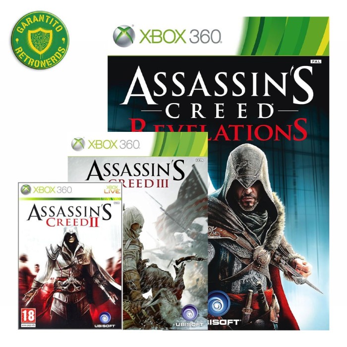 Lotto 3 giochi usati per Xbox 360: Assassin's Creed II, III e Revelations, completi di custodia.