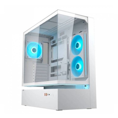 Case PC Cougar CFV235 bianco con ventole RGB accese e pannello in vetro.