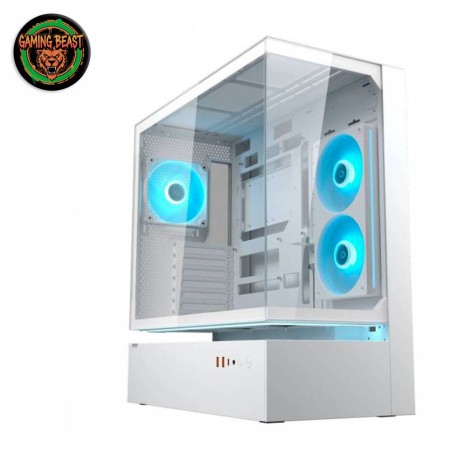 Case PC Cougar CFV235 bianco con ventole RGB accese e pannello in vetro.