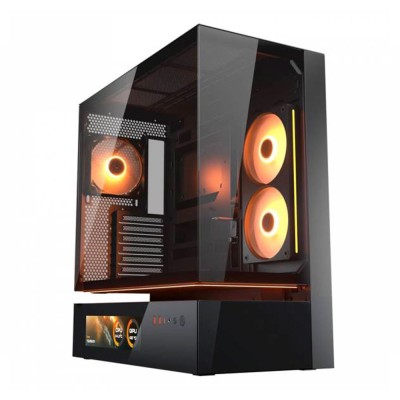 Case PC Cougar CFV235 Vision nero con schermo LCD frontale acceso che mostra grafiche.