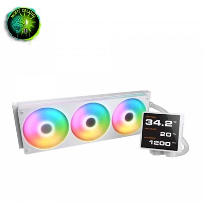 Dissipatore a liquido bianco Cougar Poseidon Vistek Pro 360 con display LCD acceso.