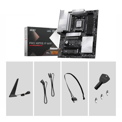 Scheda madre ATX MSI PRO X870E-P WIFI dal design nero minimale e professionale, con dissipatori piatti e antenne Wi-Fi 7.