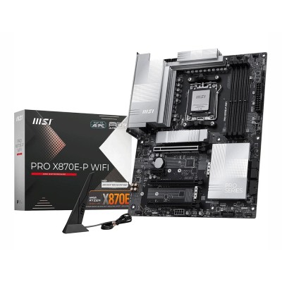 Scheda madre ATX MSI PRO X870E-P WIFI dal design nero minimale e professionale, con dissipatori piatti e antenne Wi-Fi 7.